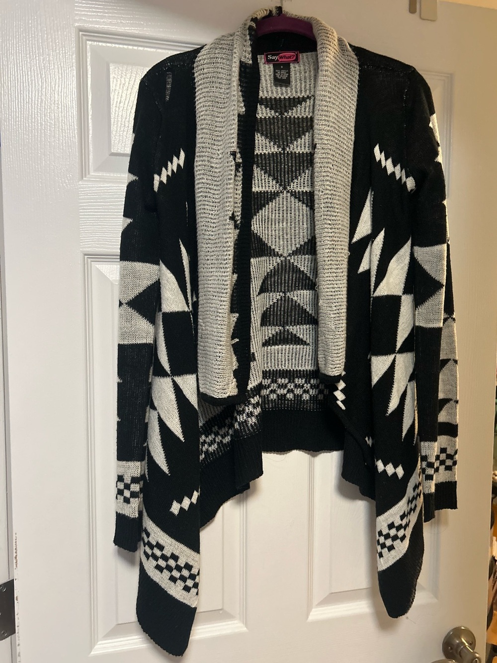 Say What? Black and Cream Geometric Open-Front Cardigan